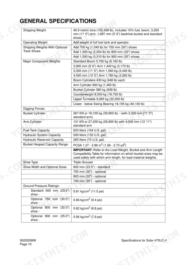 Daewoo Solar 470LC-V general specifications table with operating weights, component masses, digging forces and ground pressure ratings.