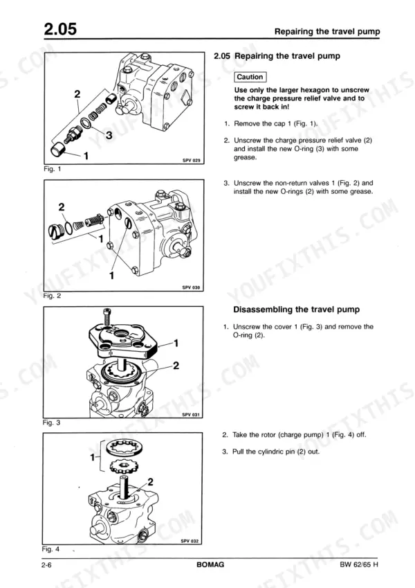 Bomag BW 62 H, BW 65 H travel pump repair and disassembly procedures, including charge pressure relief valve and rotor removal diagrams.