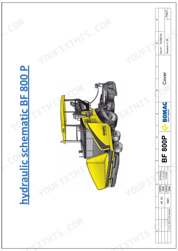 Bomag BF 800 P hydraulic schematic cover page with paver illustration, drawing number 83780125, and revision 00.