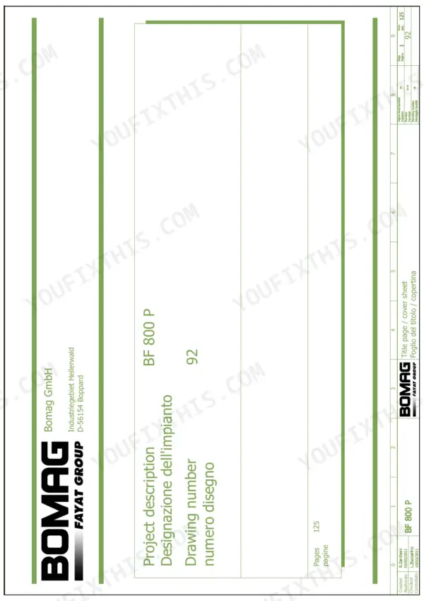 Bomag BF 800 P service manual title page with project description and drawing number fields.