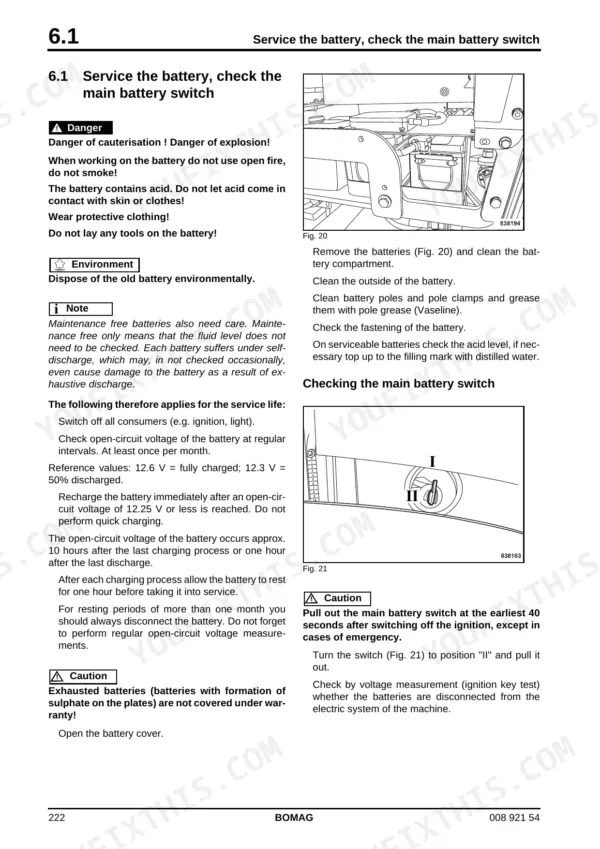 Bomag BF 800 P battery compartment photo and main battery switch position diagram for maintenance