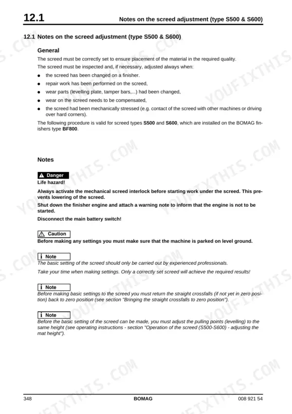Bomag BF 800 P service manual page on S500 S600 screed basic setting adjustment procedure
