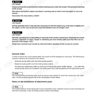 Bomag BF 800 P service manual page detailing screed extension assembly danger warnings and installation notes