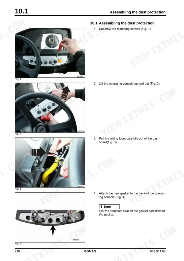 Bomag BW 211/212/213 D-40 service manual — dust protection and gasket kits: step photos removing the console and fitting a new gasket