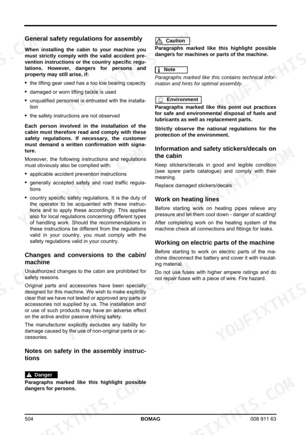 Bomag BW 211/212/213 D-40 service manual — cabin assembly and window panes: general safety regulations text page with caution and note boxes