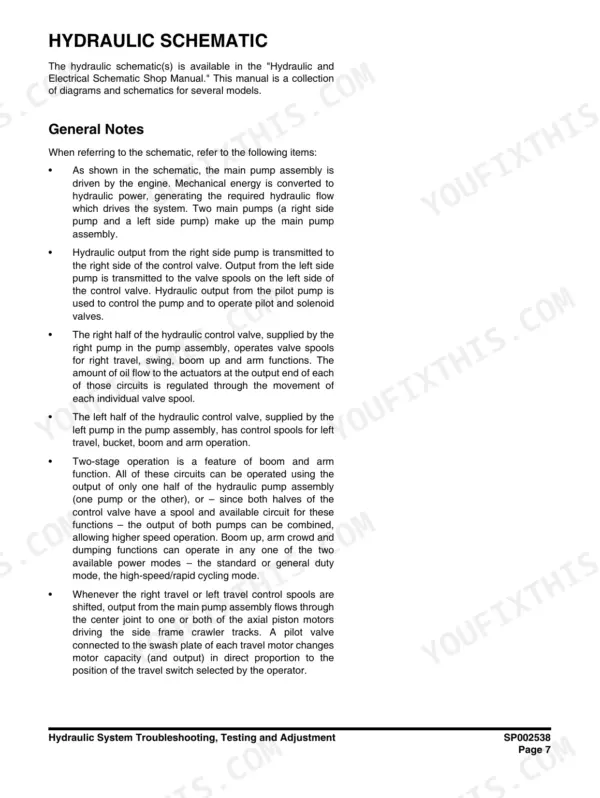 Doosan DX140LC-3 hydraulic schematic general notes describing main pump, control valve, and travel motor operation.