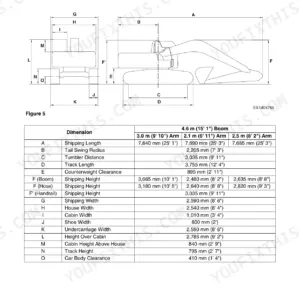 Dimension table with tail swing radius, undercarriage width and shipping figures
