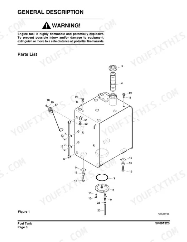Doosan DX140LC-DX340LC fuel tank exploded view parts diagram showing tank, cap, and fuel level sensor components.