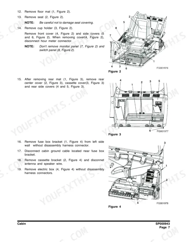 Doosan DX140LC, DX180LC, DX225LC, DX225NLC, DX255LC, DX300LC, DX340LC cabin interior removal procedures and component diagrams.