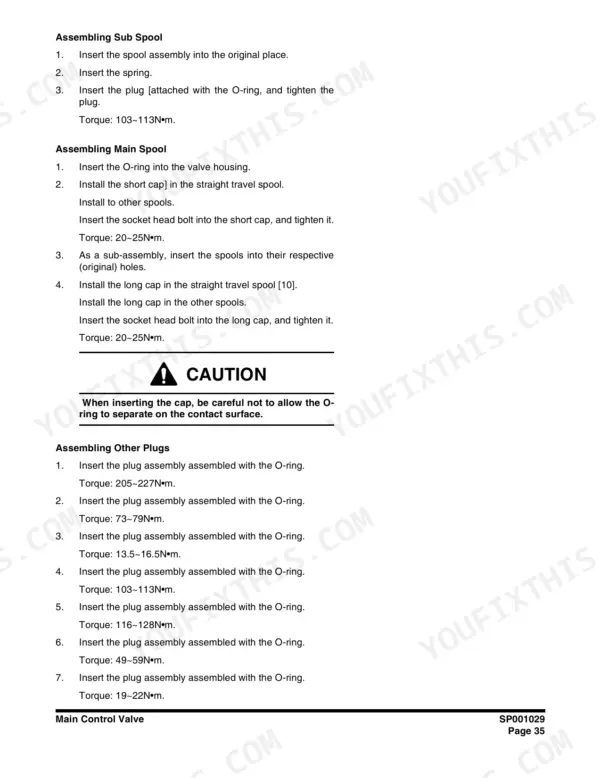 Main control valve assembly steps with plug and cap tightening torques