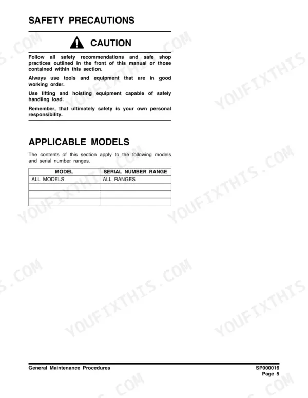 Doosan DX210, DX225LCB shop manual page showing general safety precautions and applicable model serial number range table.