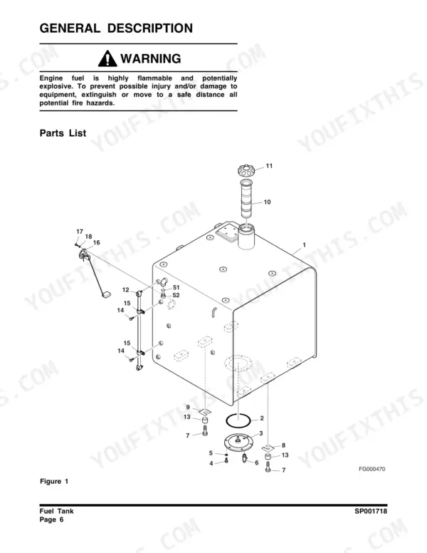 Doosan DX210, DX225LCB exploded view diagram of the fuel tank assembly and components including filler cap and level gauge.