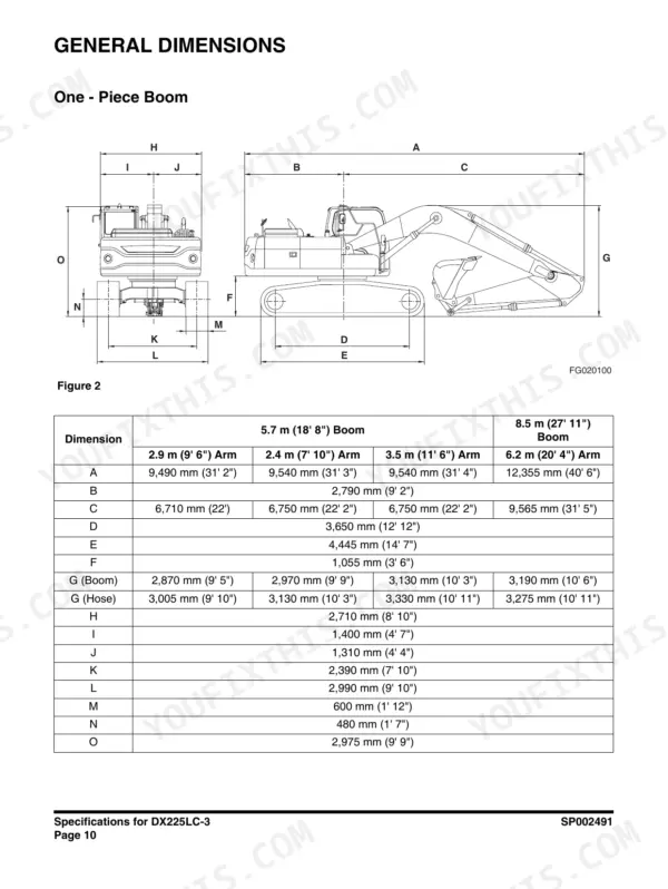 Doosan DX225LC-3 general dimensions diagram and specification table for one-piece boom and various arm lengths.