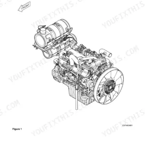 Doosan DX225LC-5 engine overview diagram showing engine block, cooling fan, and exhaust aftertreatment system components.