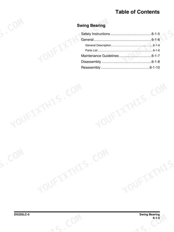 Doosan DX225LC-5 table of contents for swing bearing section including safety, maintenance, disassembly, and reassembly.