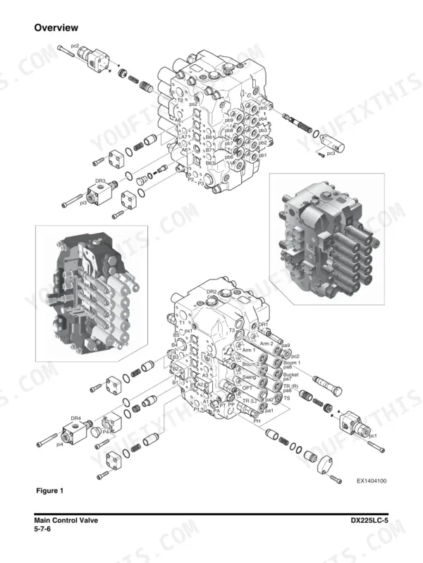 Doosan DX225LC-5 main control valve exploded view diagram showing valve block components, ports, and assembly details.
