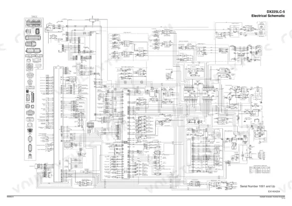 Doosan DX225LC-5 electrical schematic showing ECU, lighting, AC, and starter system wiring connections for serial 1001 and up.