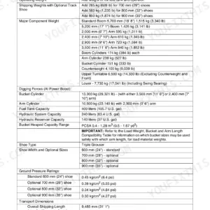 Doosan DX225LC general specifications table with weights, digging forces and fluid capacities.