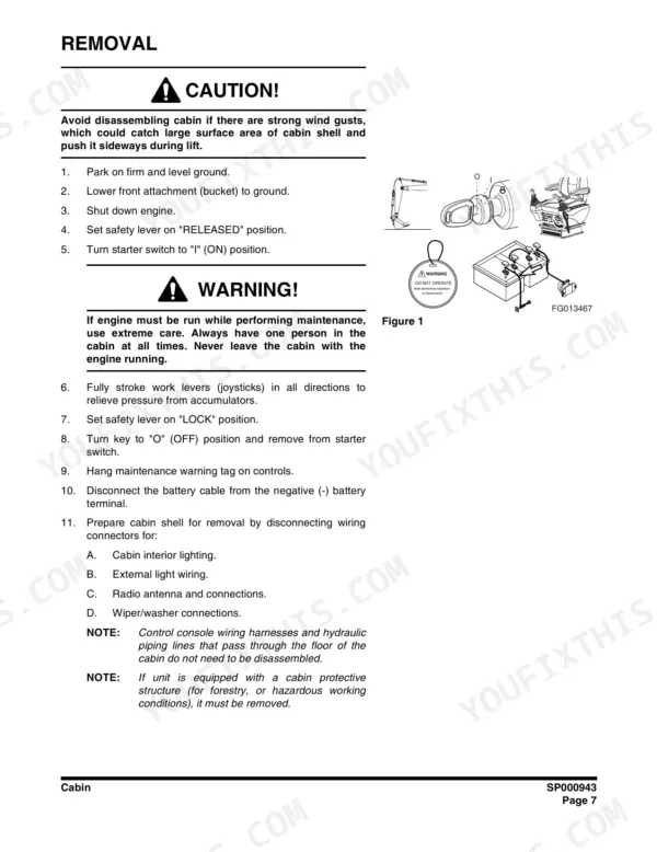 Doosan DX225LC, DX225NLC, DX300LC, DX340LC cabin removal procedure steps, safety warnings, and control console diagram.