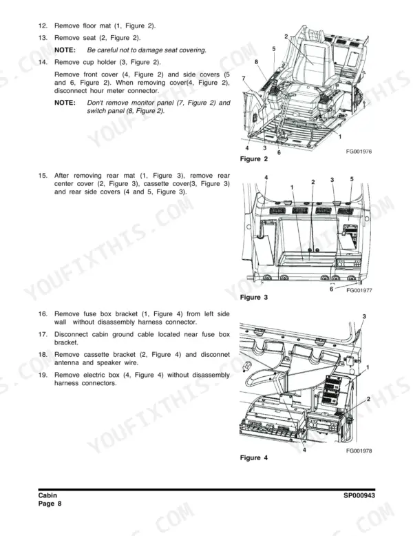 Doosan DX225NLC, DX180LC, DX225LC, DX255LC, DX300L, DX340LC, DX420LC, DX480LC, DX520LC cabin interior removal and component diagrams.