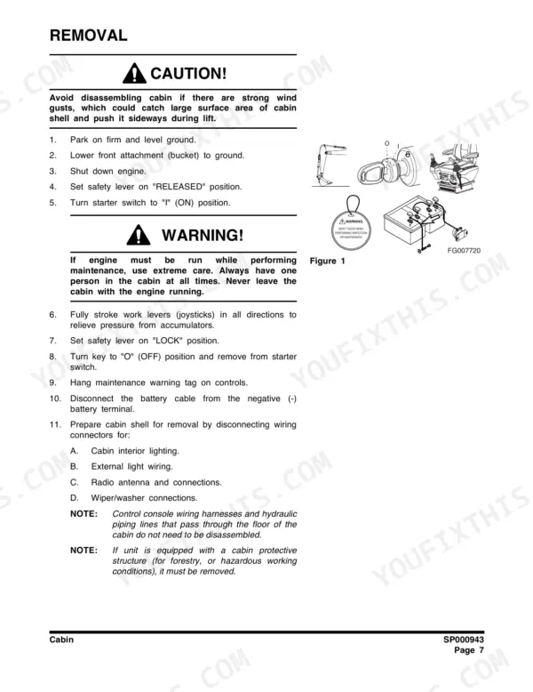 Doosan DX225NLC, DX180LC, DX225LC, DX255LC, DX300L, DX340LC, DX420LC, DX480LC, DX520LC cabin removal procedure and safety instructions.