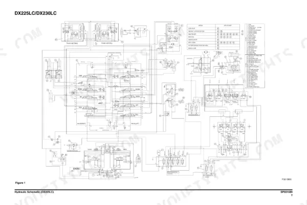 Doosan DX230LC hydraulic schematic diagram showing main control valves and pump circuits.