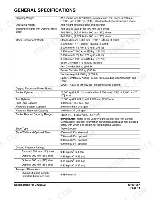 Doosan DX230LC general specifications table for weights, capacities, and ground pressure.