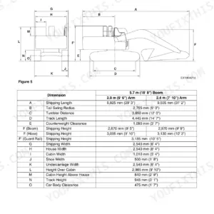 Dimension table showing the 2,540 mm narrow undercarriage width and shoe width