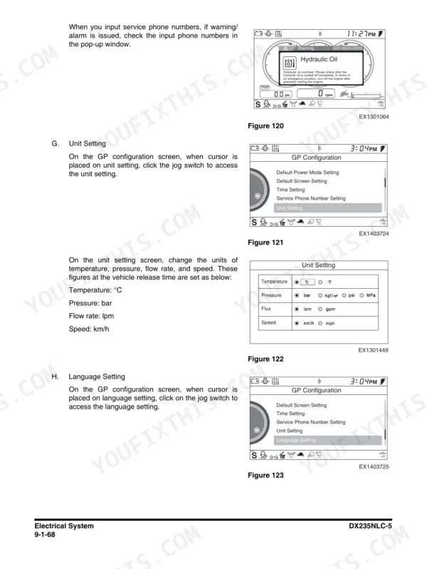 Electrical system service page from the diagnostics chapter