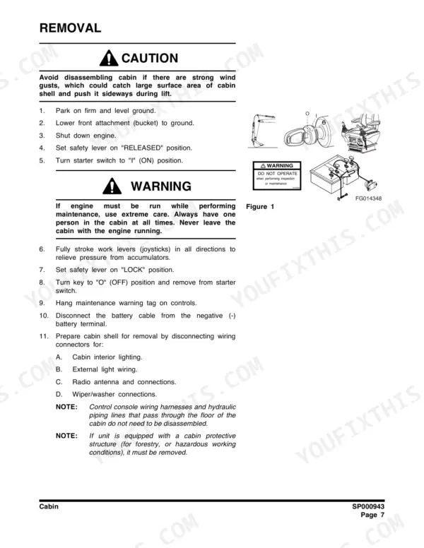 Doosan DX235NLC, DX180LC, DX225LC, DX225NLC, DX255LC, DX300L, DX340LC, DX420LC, DX480LC, DX520LC cabin removal safety procedures.