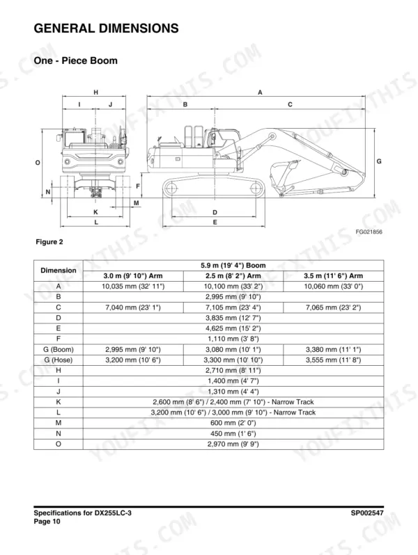 Doosan DX255LC-3 general dimensions diagram and specification table for one-piece boom with various arm lengths.