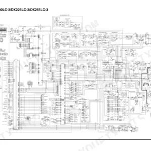 Doosan DX255LC-3 electrical schematic wiring diagram showing air compressor, fuel heater, and lighting system circuits.