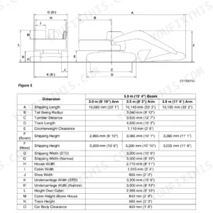 Dimension table with tail swing radius, undercarriage widths and shipping figures
