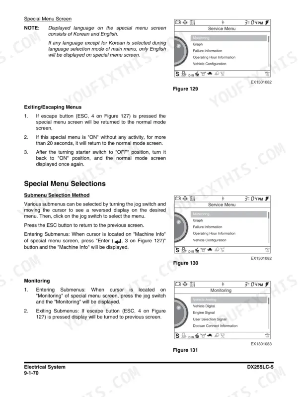 Electrical system service page from the diagnostics chapter
