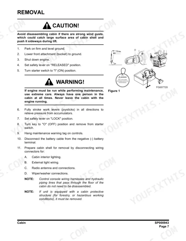 Doosan DX255LC, DX180LC, DX225LC, DX225NLC, DX300L, DX340LC, DX420LC, DX480LC, DX520LC cabin removal procedure and safety diagram.