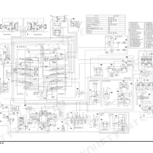 Doosan DX300LC-3 hydraulic schematic diagram showing pilot lines, control valves, travel motors, and component index table.