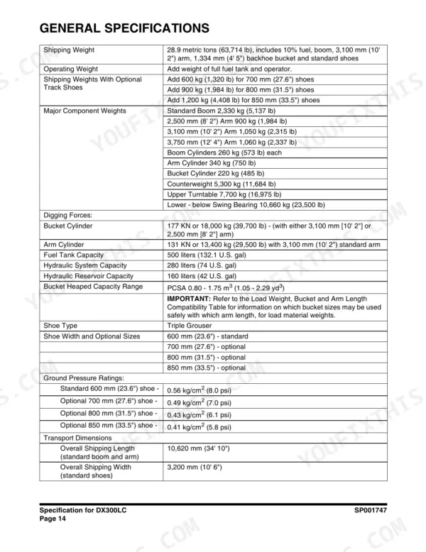 Doosan DX300LC general specifications table listing shipping weights, component weights, digging forces, and ground pressure ratings.