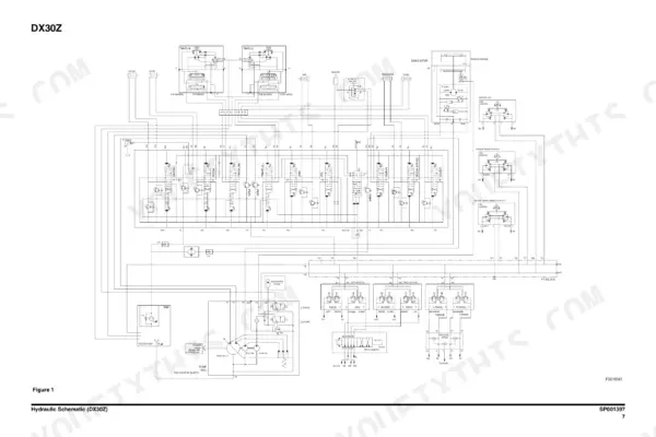 Doosan DX30Z, DX27Z, DX35Z hydraulic schematic diagram showing main control valve, pump, and pilot control circuits.