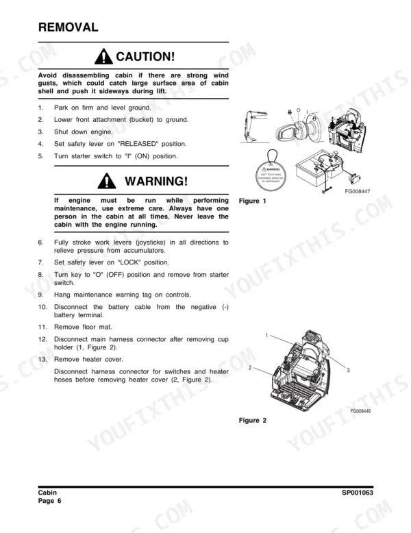 Doosan DX35Z cabin removal procedure steps, including safety warnings and diagrams for harness connector and heater cover removal.