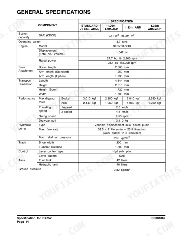 Doosan DX35Z general specifications table listing engine, performance, hydraulic, and dimension data for the excavator.