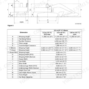 Dimension table with tail swing radius and standard versus narrow undercarriage widths