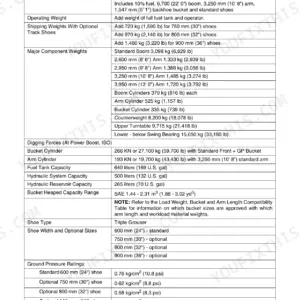 General specifications page with shipping weight, counterweight and fuel capacity