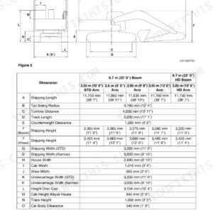 Dimension table with tail swing radius and standard versus narrow undercarriage widths