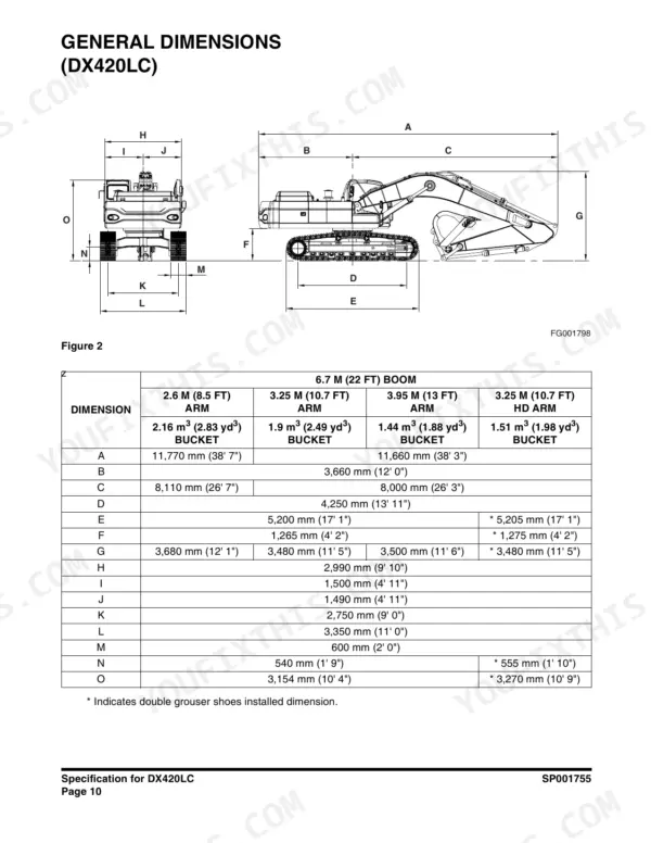 Doosan DX420LC excavator general dimensions diagram and specification table for boom, arm, and bucket configurations.