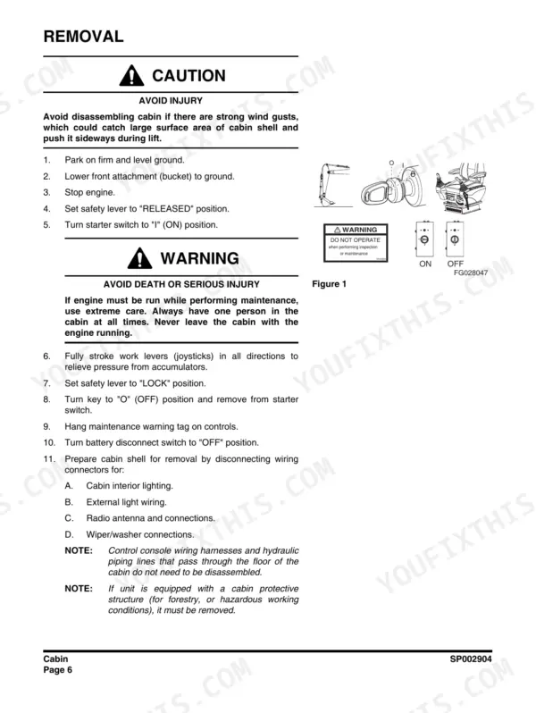 Doosan DX480LCA, DX500LCA cabin removal procedure, safety warnings, and starter switch diagram for maintenance preparation.
