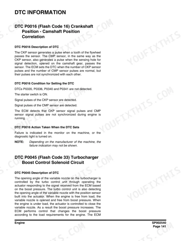 Engine DTC page for fault code P0016, crankshaft to camshaft position correlation diagnostics
