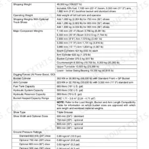 Doosan DX490LC-3 general specifications table with shipping weights, digging forces and hydraulic capacities