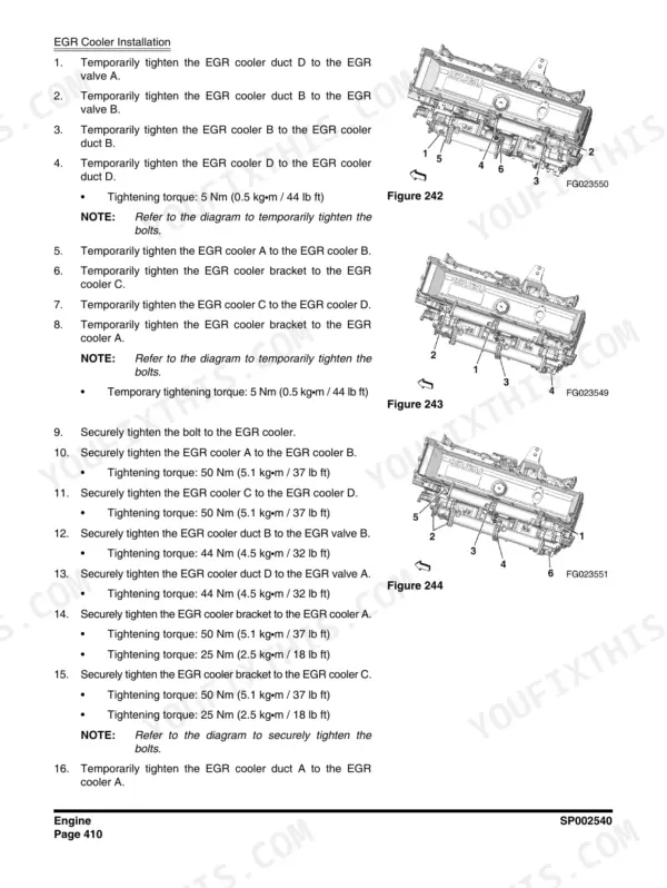 EGR cooler installation torque steps with Isuzu 6WG1 cooler assembly illustrations