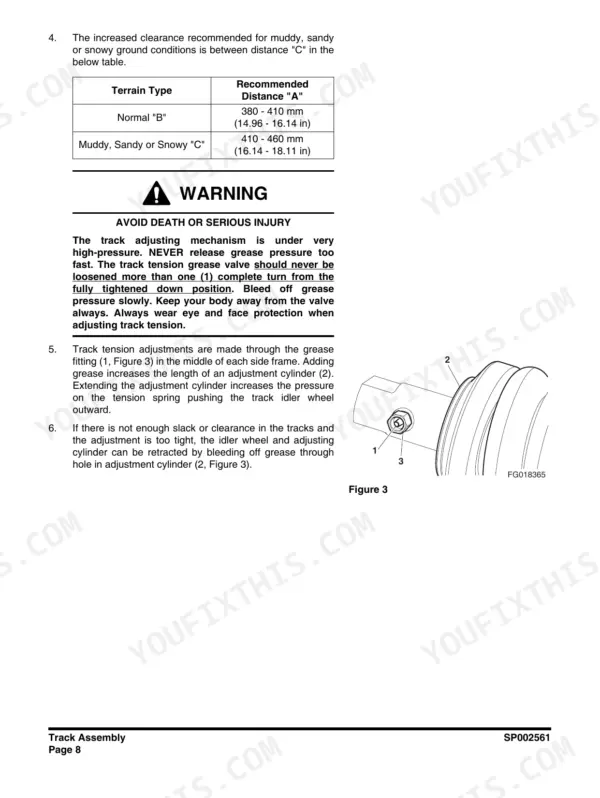Track tension clearance table and idler grease fitting diagram for the DX490LC-3 undercarriage