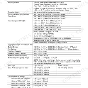Doosan DX490LC-5 general specifications table with shipping weights, digging forces and component weights
